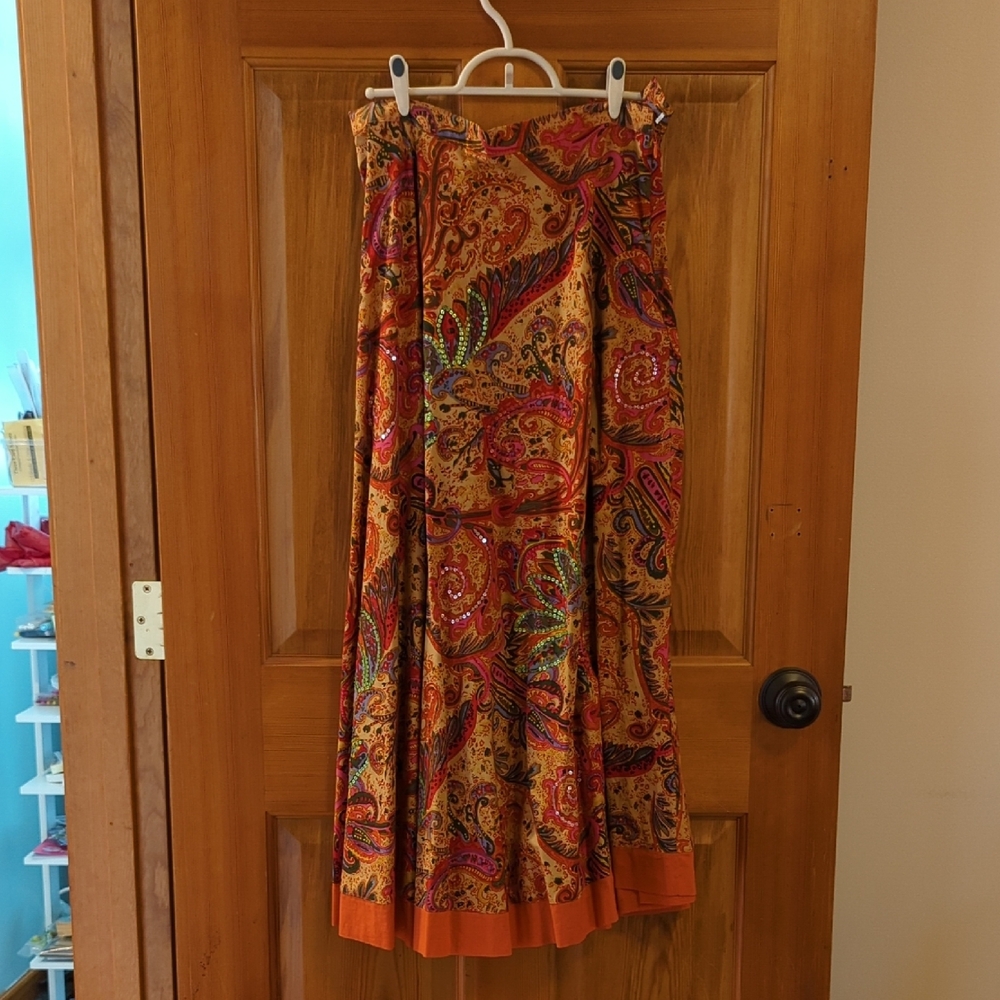 Orange and Red Maxi A-Line Skirt with Pleats
